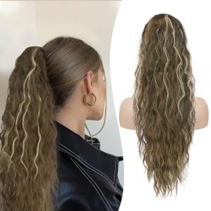 RUWISS Postiche Queue de Cheval Cordon de Serrage Extension de Cheveux Longue Bouclé Ondulée Ponytail Postiche Cheveux Synthétique Rajout Cheveux pour Femmes 65cm,Blond pur Mixte Blond Décoloré (RUWISS-EU, neuf)