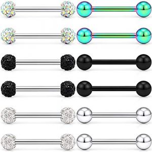LAURITAMI 16Pcs 14G Piercing Barre de Langue en Acier Chirurgical Bouclier de Mamelon Droite Barbell Anneaux Bar Cristal Piercing pour Le Corps Bijoux pour Femmes Hommes (JUN SI FANG, neuf)