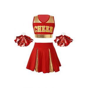 TiaoBug Enfant Fille D&eacute;guisement Pom-Pom Girl Uniforme Costume Cheerleads Crop Top et Jupe Courte et Pompoms D&eacute;guisement Cosplay Carnaval Halloween No&euml;l 5-14 Ans Rouge A 9-10 ans (TB TRADING, neuf)