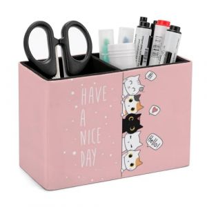 Pot &agrave; crayons pour bureau, mignon chat kawaii chaton porte-stylos de bureau organisateur de bureau organisateur de crayons de maquillage support pour bureau, &eacute;cole, universit&eacute; en cuir (WAAGOGO, neuf)