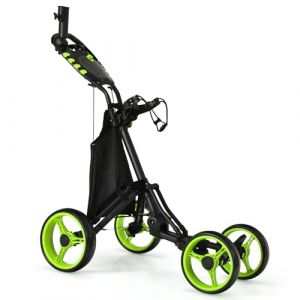 GYMAX Chariot de Golf Pliable &agrave; 4 Roues, R&eacute;glable en 4 Hauteur, en Aluminium L&eacute;ger, Porte-Parapluie R&eacute;glable, Sac Etanche, Refroidisseur Int&eacute;gr&eacute;, Frein &agrave; Pied, Ouverture et Fermeture Rapides (Vert) (GYMAX EU, neuf)