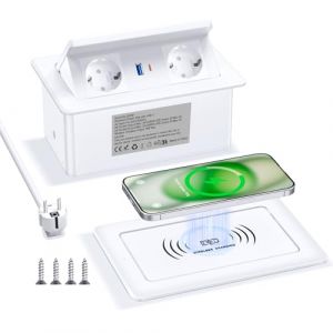Prise Encastrable Plan de Travail avec USB C PD 20 W et 15 W - Chargeur sans fil, Multiprise Encastrable Plan de Travail USB C pour Table de Canapé, Maison Bureau - Câble de 1,8 m, Blanc (YILONGEU, neuf)