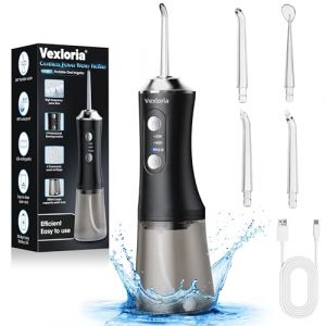 Vexloria Jet Dentaire Hydropulseur Portable 300 ML Water Flosser, Hydropulseur Dentaire Avec 3 Modes de Pression d'eau et 4 Embouts Remplaçables, Irrigateur Dentaire USB Rechargeable et Étanche IPX7 (SUCIU STORE S.R.L., neuf)