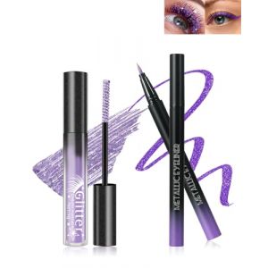Mascara et Eyeliner Paillettes Violet, Mascara Couleur Diamant Pailleté Volume et Longueur, Liquide Crayon Yeux Métallique Brillant, Longue Durée Waterproof, Anti-bavure, Maquillage Cadeau pour Femme (Lestpola Ltd, neuf)