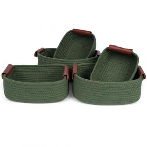 Ezvsevuo 5PCS Panier de Rangement Coton avec Poign&eacute;es en Cuir, Panier Rangement en Corde de Coton Tiss&eacute; Main, Corbeille Rangement Organisateur pour Armoire, Salle de Bain, Chambre B&eacute;b&eacute; Enfant, Vert (Ezvsevuo, neuf)