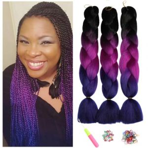 Kanekalon Meches Tresse Cheveux, Meches Pour Tresses Africaine, 24"Jumbo Braids Meches 3Paquets Extension de Cheveux Tresse Ombre Jumbo Extension de Fibre Synthétique(Noir/Rouge Pourpre/Bleu Royal) (XiuJiaLi Hair, neuf)