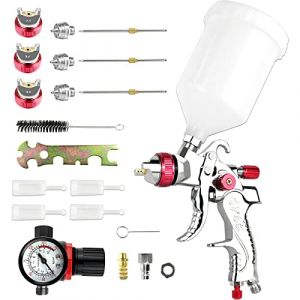 Vanwoke HVLP Pistolet à Peinture pulvérisateur avec 1.4MM 1.7MM 2.0MM buse 600CC Tasse véhicule Voiture clôture Outils de Peinture avec régulateur de Pression d'air (Rouge) (Shunweixi-EU, neuf)