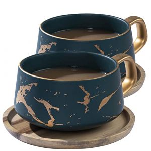 VETIN Lot de 2 Tasses &agrave; cappuccino avec soucoupe, tasse en marbre, 300 ml, en porcelaine, pour th&eacute;, caf&eacute;, cappuccino, tasses &agrave; caf&eacute; avec disque en bois, Vert (VETIN, neuf)