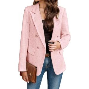 Blazer en Tweed pour Femme Casual à Manches Longues - Veste à Double Boutonnage Élégante de Bureau d'Affaires (Rose, L) (WenJ Direct, neuf)
