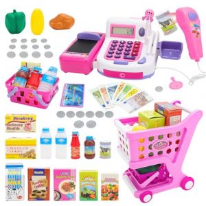 deAO Caisse Enregistreuse Jouet Enfants avec Scanner Son et Lumière - Jeu de Rôle Supermarché Complet avec Argent, Nourriture Jouet et Caddie, Jouet Éducatif Interactif pour Fille Garçon (MEGOSS, neuf)