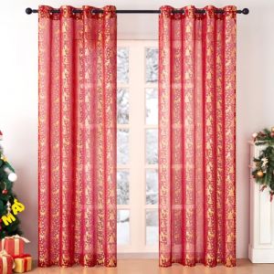MRTREES Rideaux Voilage Rideau Noel Rouge Rideau Salon Moderne Motif de l'arbre de No&euml;l dor&eacute; Lot de 2 &agrave; Oeillets Rideau Voile,140 X 245cm (MRTREES HOME, neuf)