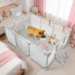 Parc &agrave; Chiots Pouces avec Porte, Parc pour Chiots Ou Petits Chiens,Lavable en Machine, Int&eacute;rieur/ext&eacute;rieur (180 x 120 x 66 cm &ndash; Gris Clair) (Hechheu, neuf)