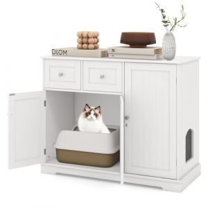 COSTWAY Meuble Litiere Chat en Bois, Maison pour Chat 3 en 1, 3 Portes et 2 Tiroirs, Kits Anti-basculement, Maison de Toilette Chat, Entrée Latérale, Étagère Intérieure, 100 × 45 × 80 cm, Blanc (FDS GmbH, neuf)