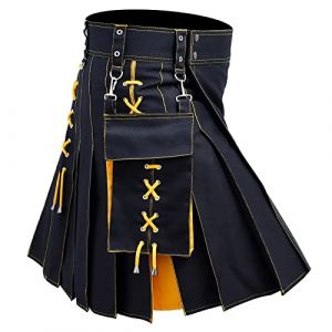 Kilt écossais traditionnel à carreaux pour homme - Pour combat, punk, gothique, gothique, gothique, écossais - Kilts utilitaires pour homme - Kilt tartan avec sangles et grandes poches, G1 jaune, L (Aigdgoog, neuf)