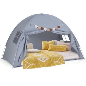 COSTWAY Tente de Lit Enfant avec 2 Fen&ecirc;tres et Drapeaux, Tente de Jeux Enfant en Tissu Bross&eacute; Lavable en Machine, Cabane Int&eacute;rieure pour Gar&ccedil;ons et Filles de 3 Ans+, 201x100x122cm (Gris) (FDS GmbH, neuf)