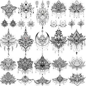 EGMBGM 15 Feuilles Sexy Lotus Noir Tatouages Ephemere Femme Dame Mariage Mariées, Tribal Petit Faux Bijoux Dentelle Lune Papillon Fleurs Tatouages Temporaires Autocollant Filles Bras Cou Mains (Egmbgm, neuf)