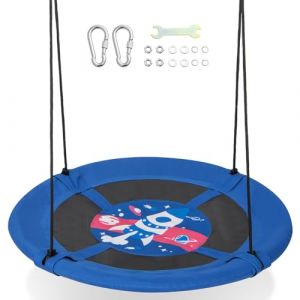 DREAMADE Balançoire Nid d’Oiseau Ronde Ø102CM avec Motif Innovant,Balançoire à Suspendre avec Hauteur Réglable 140-180CM&Quincaillerie,Siège Suspendu Charge 100KG pour Intérieure&Extérieure (Fusée) (DREAMADE, neuf)