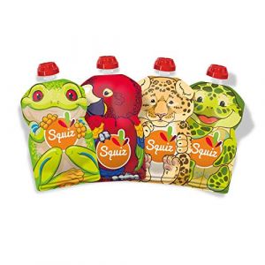 SQUIZ - FABRICATION SUISSE - Lot de 4 Gourdes Rechargeables et Réutilisables 130ml Sans BPA - Pour Compotes, Purées et Smoothies - Pour Bébé et Enfant - Collection AMAZONIE - ENTREPRISE FRANÇAISE (Naturalforme, neuf)