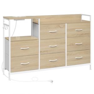 WOLTU Commode &agrave; 8 Tiroirs, Commode avec Station de Charge, Tiroirs en Tissu et Crochets, pour Salon, Chambre &agrave; Coucher, en M&eacute;tal et Bois d'Ing&eacute;nierie E1, Ch&ecirc;ne Clair + Blanc, SSK007whe (WOLTU GmbH, neuf)