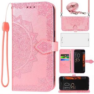 Asuwish Coque pour Sony Xperia XZ/XZs F8331 avec Verre Tremp&eacute; Protecteur D'&eacute;cran Rabat Support Cuir Porte Carte Portefeuille Mandala &Eacute;tui ZX Housse Phone Cover Case Or Rose (Asuwish KBL FR Store, neuf)