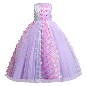 Papillon Robe Fille Enfant Princesse Mariage Appliqu&eacute; 3D Robe Demoiselle d'honneur Soir&eacute;e sans Manches Tutu Tulle Longue Fantasie Anniversaire Carnaval F&ecirc;te Pageant C&eacute;r&eacute;monie Violet 5-6 Ans (IWEMEK, neuf)