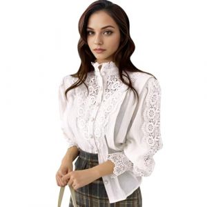 Petalum Femme Chemisier Dentelle Chic Chemise Victorien à Manche Longue Bouffante Ballon Sexy Chemisier Gothique Lolita Lace Ajouré Top Blouse Renaissance Elégant Ample Vintage (Blanc, Taille 32(S)) (Petalum, neuf)