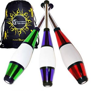 3X Euro Pro Massues De Jonglage (12 Options de Couleur/Metallic Déco) Massue Pro à Jongler. Formation Jonglerie Massues + Flames N Games Sac de Voyage! (Vert/Violet/Rouge) (Juggle World - Specialist Juggling Store, neuf)