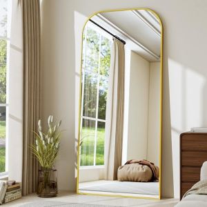 BEAUTYPEAK Miroir sur pied - Cadre minimaliste - 180 x 70 cm - Miroir sur pied - Montage mural ou sur pied - Lentille incassable - Grand miroir mural pour chambre à coucher, couloir, salon - Doré (VOOBANG, neuf)
