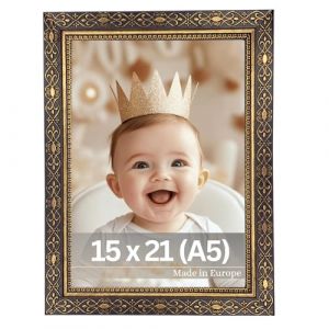 VictoR Cadre photo vintage Noir dor&eacute; 15 x 21 cm (A5) "Vermeer" - Cadre baroque antique avec verre acrylique &ndash; Paroi arri&egrave;re en MDF stable &ndash; Pour format portrait et paysage &ndash; Cadre photo A5 noir dor&eacute; (Victor_Store, neuf)