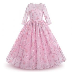 Fleur Filles Robe de Princesse Maxi 3/4 Manches Broderie Tulle Robes de Mariage Demoiselle d'honneur Premi&egrave;re Communion Anniversaire F&ecirc;te No&euml;l Carnaval de Bal Robe de Soir&eacute;e Haricot Rose 7-8 Ans (IBTOMCASTLE, neuf)
