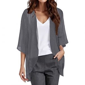 Cardigan Mousseline Boléro Femme Court Soie Gilet Été Chic et Elegant 3/4 à Manches Évasées Boléro Veste Léger Plage Châle pour Robe T Shirt Décontracté Soirée Cérémonie Cardigan Manches Longues (UoUa1245, neuf)