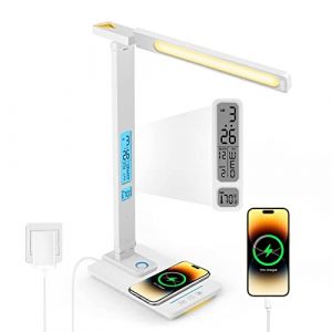 LAOPAO Lampe De Bureau Led Dimmable Avec Fonction - De Charge Horloge Lampe De Table Veilleuse Avec Chargeur Sans Fil 10W, Port De Charge Usb Lampe De Bureau Pliable (Laopao(FR)  Inc, neuf)