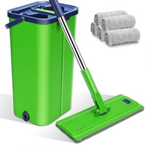 Myiosus Serpillière Seau Essoreur, Balai Serpillère Microfibre Plat Rotatif 360° et Seau avec 5 Réutilisables Tampons, Balais Serpillère Seau Essoreur pour Nettoyage Tous Types de Sols (Vert) (Aone-EU, neuf)
