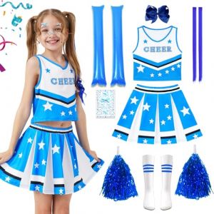 D&eacute;guisement Pompom Girl, Fille Costume Cheerleader, Deguisement Pompom Girl, Costume Cheerleader Enfant avec tenue de pom-pom girl avec Pompoms, B&acirc;tons Joie, Chaussettes pour Carnaval (Bleu, 150) (Textile knot OU, neuf)