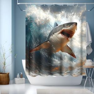JINGYOU Rideau Douche 150x180,Rideau de Douche Lavable en Machine,Rideau Douche Tissus Lavable Rideau Baignoire pour Salle de Bain Domicile Baignoire Famille,Requins(150x180cm) (Olivia-FR, neuf)