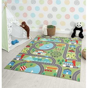 the carpet Happy Life Tapis de Jeu, Lavable, pour la Chambre, Convient aux Enfants, au Motif de la Rue, de la Ville et des Voitures, Vert, 160 x 220 cm (the carpet, neuf)