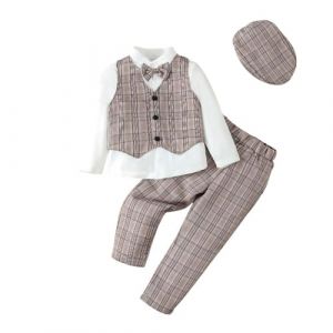 Lito Angels Plaid Gilet Costume Enfant Garcon Vetements de Mariage Ceremonie Gentleman avec Chapeau Taille 57 Ans, Marron (Lito Angels FR, neuf)