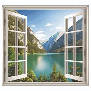 Sticker Trompe l&rsquo;oeil Fen&ecirc;tre Lac Montagne | adh&eacute;sifs Effet 3D | Stickers muraux Chambre adulte - Sticker Mural 3D - Vue panoramique - Adhesif Mural Trompe l'oeil Chambre (Maseltof, neuf)