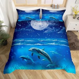 Homemissing Dauphin Parure de Lit 240x260cm Galaxy Moon Housse de Couette pour Enfants Ocean Marine Theme Parure Housse de Couette Hawaiian Sealife Beach Aquarium Chambre Décor 3Pcs (Bofanshangmao, neuf)