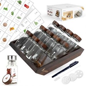 SAEIV Bocaux À Épices Carrés Avec Étagère En Bois D'Acacia 2-En-1 (FCM®) - Lot De 12X120Ml Saupoudreuses, 120 Étiquettes, Compatible Position Debout & Tiroir - Étagère Tiroir & Bocaux Sans BPA (Sayjia GmbH, neuf)