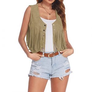 2024 Gilet &agrave; Frange Hippie Femme &eacute;t&eacute; Haut Veste Manteau Frang&eacute; sans Manches Vintage Daim Chic et El&eacute;gant Casual Grande Taille Mode Ethnique Cardigan Leger Court Western Cowboy Ext&eacute;rieur Streetwear (GUnakd, neuf)