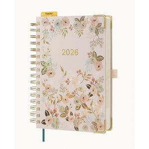 BEZEND Agenda 2026 Journalier Spirale A5 21,5 x 14,5 cm &ndash; 1 Jour 1 Page (Janv - D&eacute;c 2026) avec Onglets Mensuels, Porte - Stylo, R&egrave;gle Marque Page, Papier &Eacute;pais 80 GSM &ndash; Fleurs (Bezend, neuf)