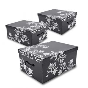Lot de 3 boîtes de rangement avec couvercle - 51 x 37 cm - Noir avec motif floral - Boîte empilable en carton avec poignées - 45 l - Organisateur - Boîte de rangement polyvalente - Caisse cadeau - (Special-trends, neuf)
