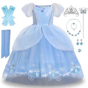 yecwkaz Déguisement Princesse Cendrillon Fille Robe Cendrillon avec Couronne Collier Bracelets Gants Pour Fête Anniversaire Carnaval NOËL Halloween Cosplay,3-10Ans(100cm) (Atddo Technology Company Limited, neuf)