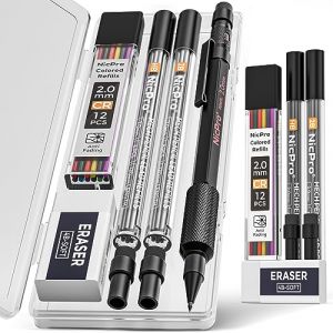 Nicpro 2 mm coffret de porte mine m&eacute;caniques avec &eacute;tui, 12 noires et 12 recharges color&eacute;es, gommes&ndash;MP2000 porte-mines en m&eacute;tal, crayon chantier robuste pour l'&eacute;criture, le dessin et le travail du bois (NicproShop EU, neuf)