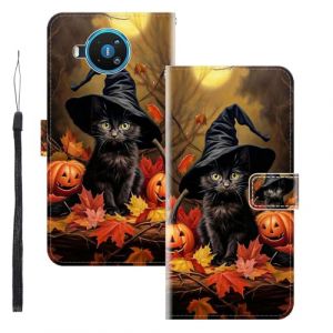 WUACYEAMING Coque pour Nokia 8.3 5G,Protection Housse en Cuir PU Portefeuille &agrave; Rabat Motif Cover Kickstand Bumper Antichoc [Fentes pour Cartes] Chat Citrouille (WUACYEAMING, neuf)