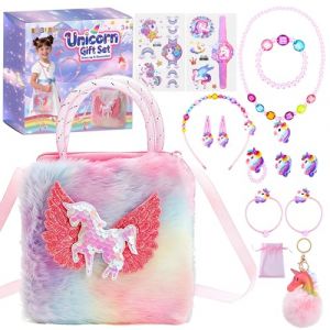 GMUFTIR Licorne Sac a Main Bijoux Enfants Fille, 15 Pi&egrave;ces Sac &agrave; Main Licorne, Kit Bijoux Princesse Accessoire, Collier Bracelet Boucles d'oreilles Bagues, Cadeau Fille 3 4 5 6 7 8 Ans (CALISTA E-SHOP S.R.L., neuf)