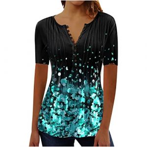 Chemisier Femme Chic et Élégant Manches Courtes Tshirt Chemisiers Et Blouses Grande Taille Imprimé Plissé Henley Tunique Tops Col V Blouse de Soie Boheme Haut Tunique Été Tee Shirt Femmes Solde (⭐⭐⭐⭐⭐AEGJEGVD(5-15 jours Arrivé), neuf)