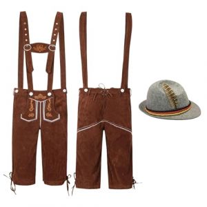 Bkazwe D&eacute;guisement Oktoberfest Homme Authentique Allemand Festival d'Octobre Costume - Pantalon Lederhosen Cuir + Chapeau &agrave; Plume Costume Oktoberfest Bavarois D&eacute;guisement Carnaval Halloween (Bkazwe, neuf)