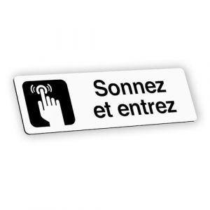 Plaque signal&eacute;tique grav&eacute;e autocollante Sonnez et entrez - blanc &eacute;criture noire - format 12x3,7 cm (my-goodprice, neuf)